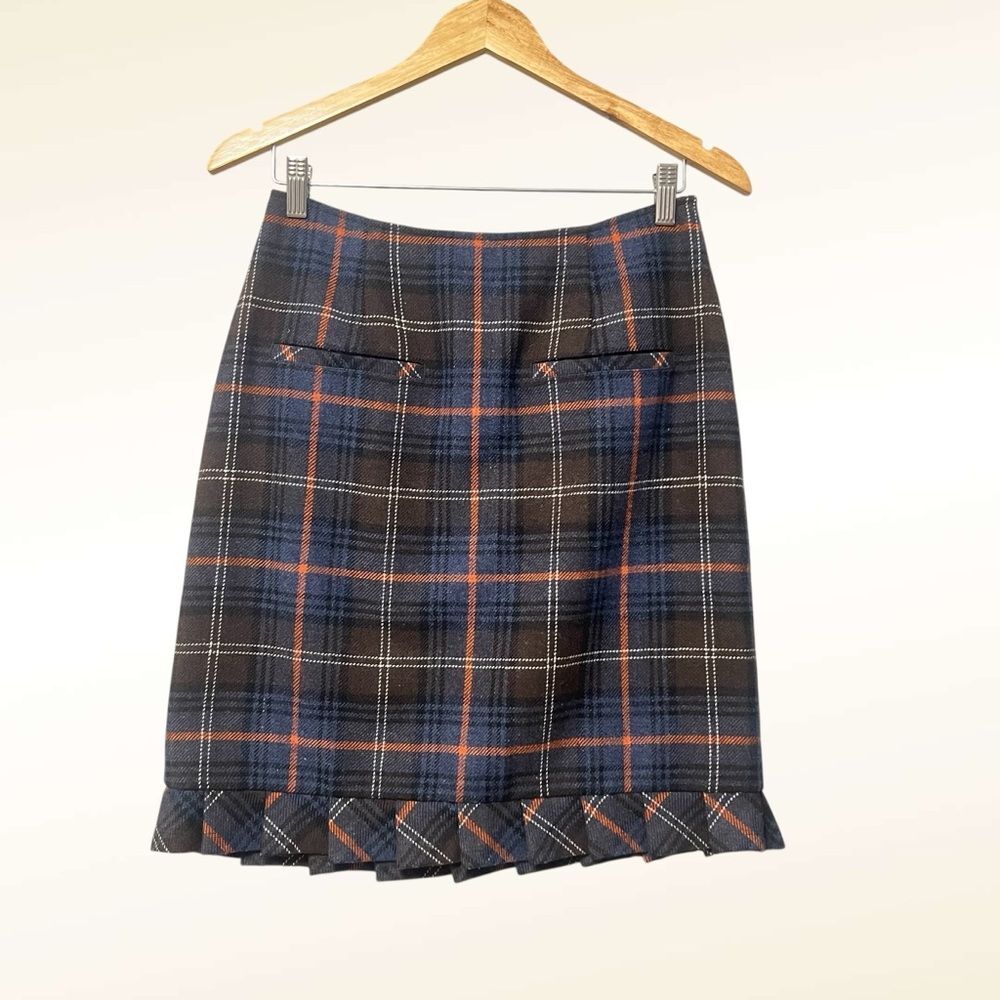 CAbi Plaid Pencil Skirt Size 6 Ruffle Hem Brown Orange Blue Academia Timeless